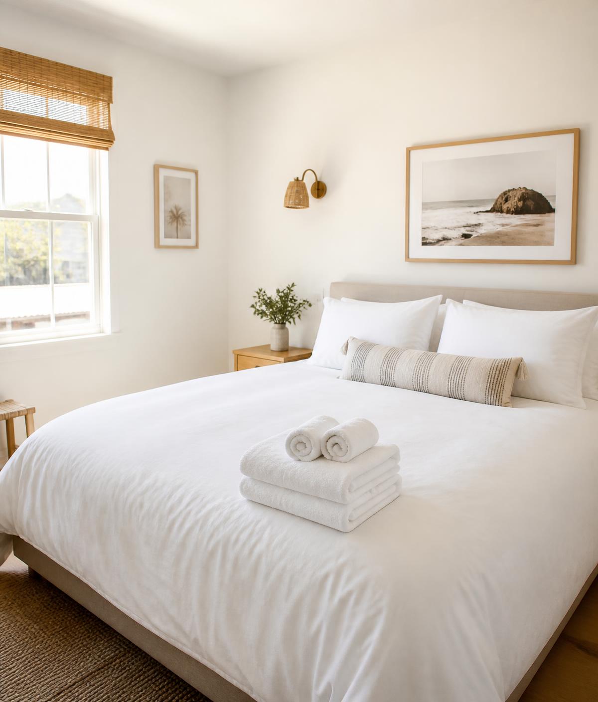 Crisp white bed linens and folded towels in a cleaned rental bedroom