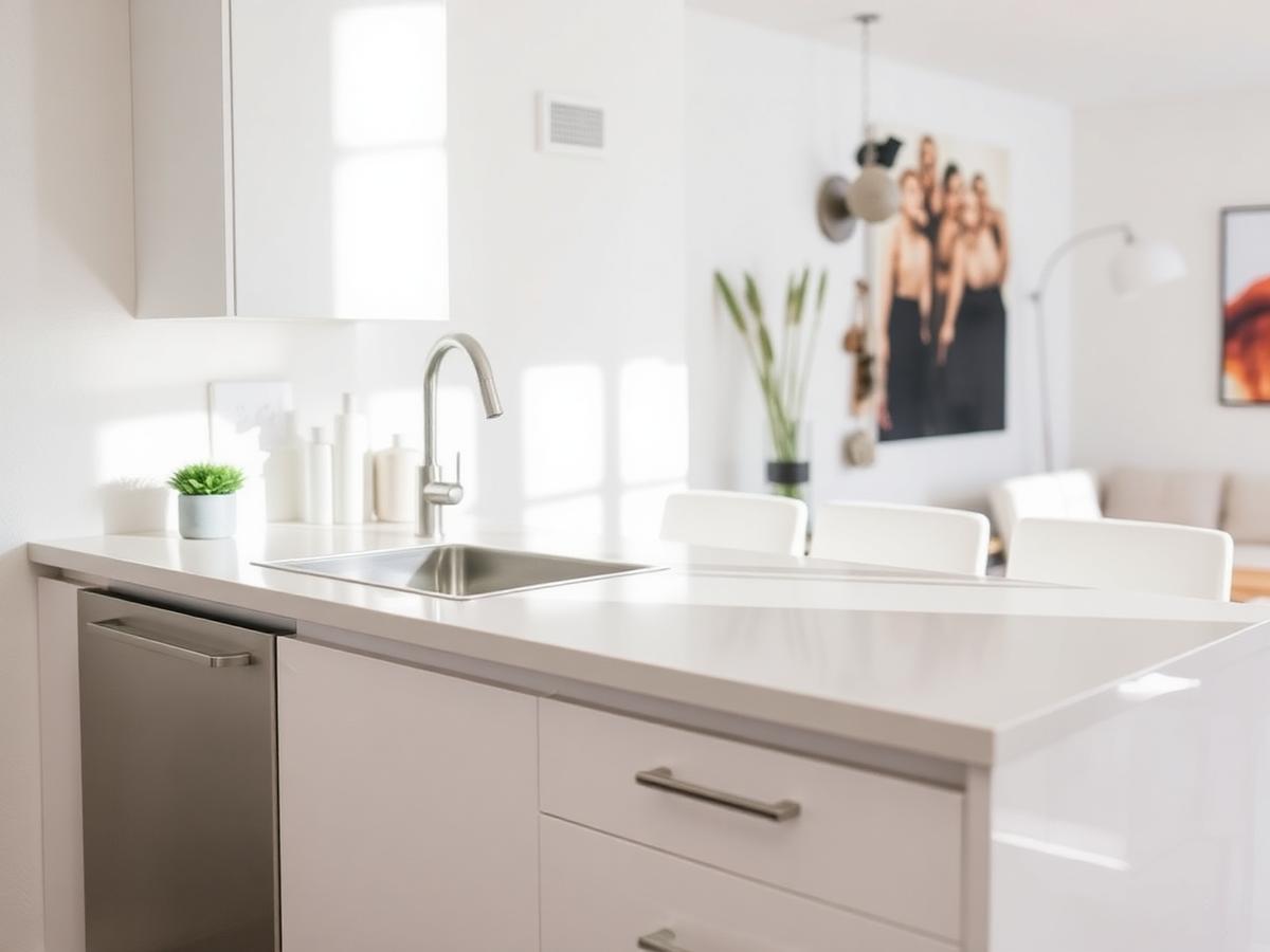 Spotless white kitchen counter in a cleaned vacation rental
